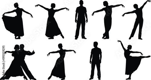Ballroom dancers silhouettes collection elegant couple dance poses vector illustration isolated on white background performance art concept
