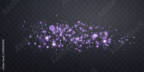 Purple magic sparks and dust stars. Purple glow flare light effect. Vector particles on transparent background.