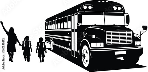 School bus and children with teacher silhouettes education transportation vector illustration isolated on white background back to school concept