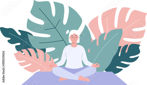 Serene Woman Meditating in Lotus Pose Surrounded by Lush Tropical Leaves, Embracing Calmness and Inner Peace