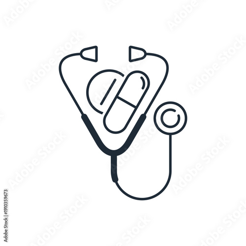 Medical symbol and pills. Doctor's prescription, recommendation. Vector linear icon illustration isolated on white background.