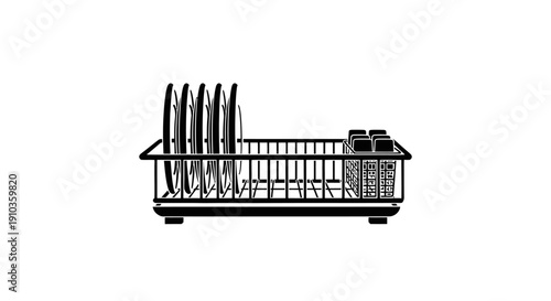 This simple dish rack illustration represents kitchen organization, cleanliness, and household routines. The artwork features neatly arranged plates in a drying rack, symbolizing washing dishes, home 