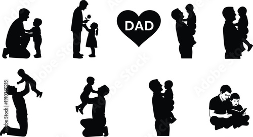 Father and child silhouettes set with dad love family moments vector illustration isolated on white background