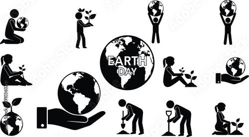 Earth Day environmental protection icons with people planting trees and holding globe vector illustration isolated on white