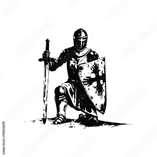 Black and white vintage illustration of a medieval knight kneeling with sword and shield hand drawn style vector art