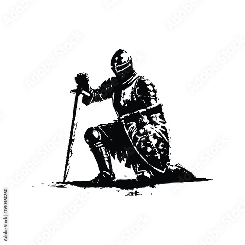 Black and white vintage illustration of a medieval knight kneeling with sword and shield hand drawn style vector art