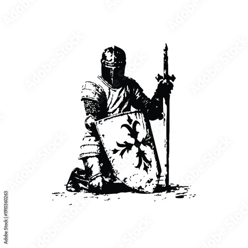 Black and white vintage illustration of a medieval knight kneeling with sword and shield hand drawn style vector art