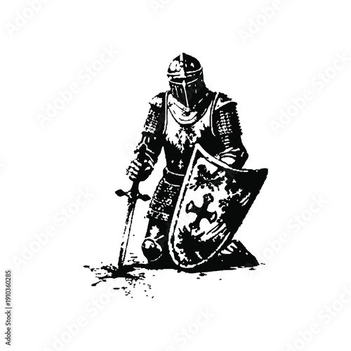 Black and white vintage illustration of a medieval knight kneeling with sword and shield hand drawn style vector art
