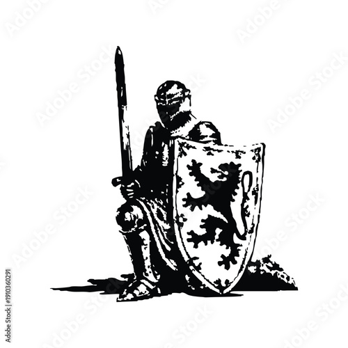 Black and white vintage illustration of a medieval knight kneeling with sword and shield hand drawn style vector art