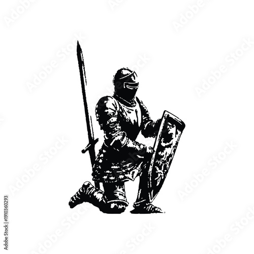 Black and white vintage illustration of a medieval knight kneeling with sword and shield hand drawn style vector art