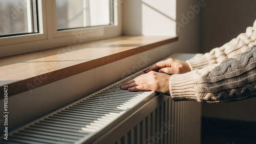 Person touching radiator while sitting by window in sunny room  