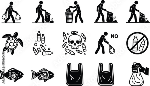 Plastic waste pollution and recycling awareness icons environmental protection vector illustration isolated on white background sustainability concept