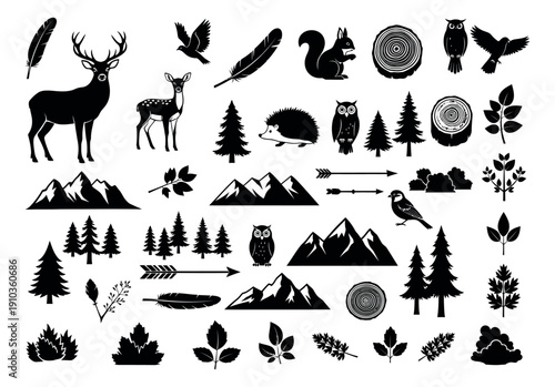 Black silhouette woodland wildlife and nature elements set featuring deer, owls, pine trees, and mountains for wilderness designs