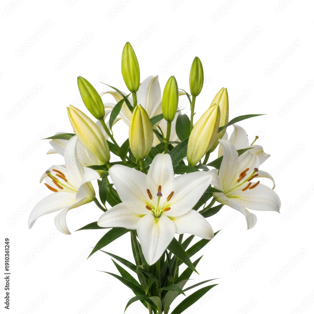 Obraz premium A beautiful bouquet of white lilies with yellow centers, elegantly arranged in a vase. isolated on transparent background