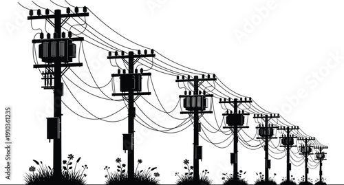 Silhouette of rural utility poles with transformers and power lines, electricity distribution network monochrome industrial illustration concept