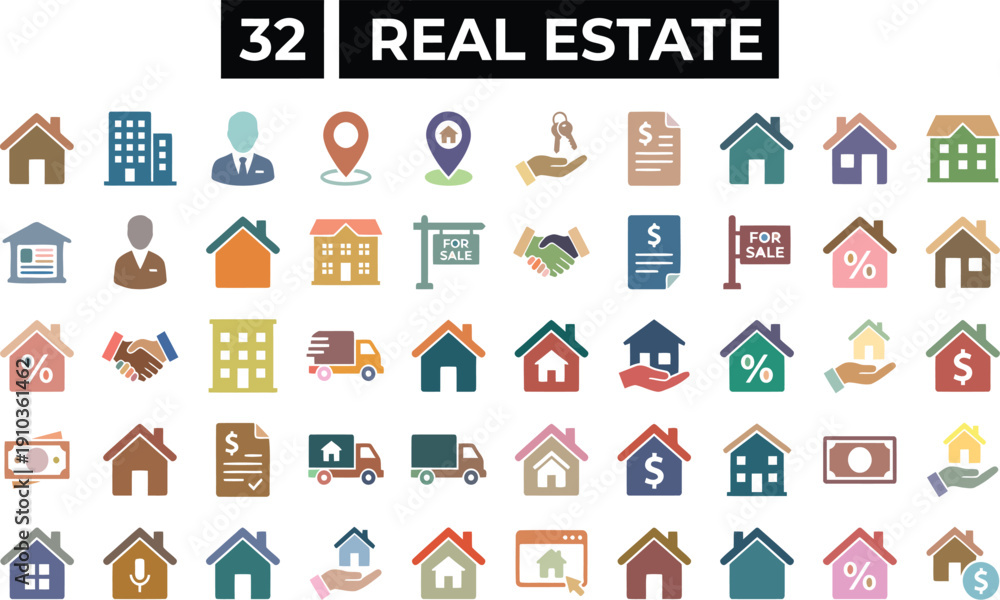 Fototapeta premium A collection of colorful real estate icons on a white background for use in marketing materials or website design.