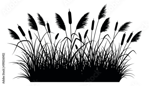 Silhouette plants set featuring reeds, cattails, and tall grass for nature and wetland designs