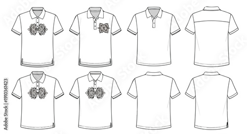 Line drawings of eight white polo shirts with various designs on a clean white background.