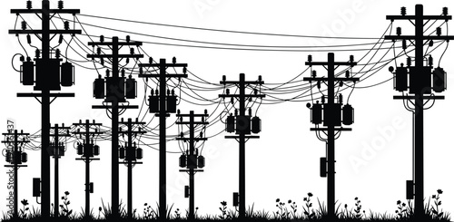Silhouette of multiple utility poles with transformers and power lines, rural electricity distribution network monochrome industrial illustration
