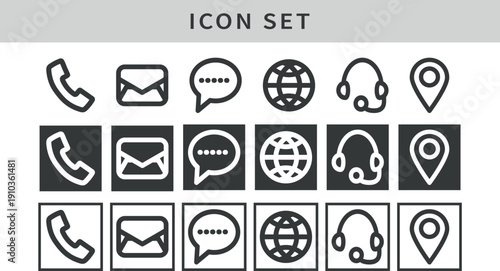 Comprehensive collection of communication and technology icons featuring phone, email, chat bubble, globe, headset, and map pin symbols in various styles and backgrounds for modern digital application