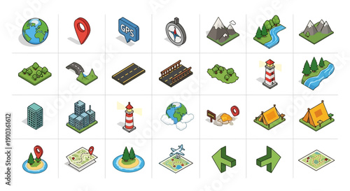Collection of navigation and travel icons including maps and landmarks