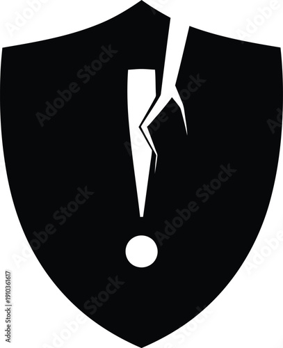 Cracked security shield icon with an exclamation mark symbol.
