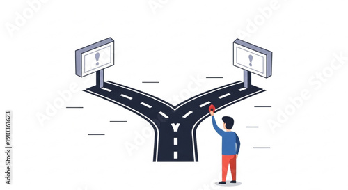 Person at Forked Road Choosing Path Minimal Flat Vector Illustration