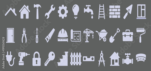 Set of vector plumbing icons displayed on a blackboard in simple silhouette style for web and business design