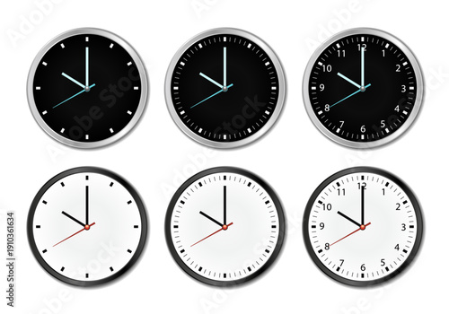 Realistic Office Wall Clock Set 3D Round Silver Black and White Watches with Detailed Clock Face and Hands Isolated on Transparent Background Vector Illustration