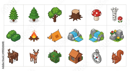 Camping and hiking icons for outdoor adventure and nature exploration