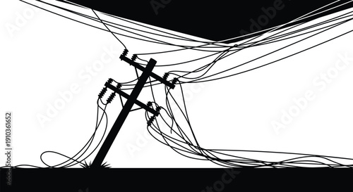Damaged utility pole with tangled power lines after storm, fallen electricity distribution infrastructure monochrome silhouette illustration