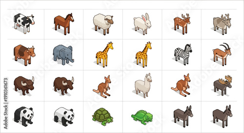 Collection of various animals in isometric style for design projects