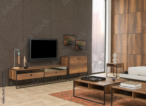 modern interior with stone wall decoration and special design lamp, sofa and parquet. decorative background for home, hotel, office
