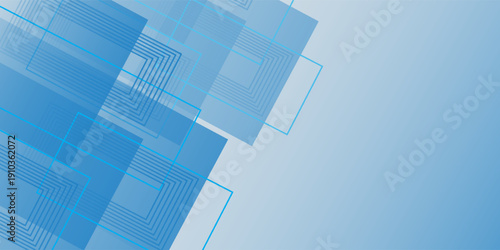 Abstract illustration in blue tones with a combination of square shapes and overlapping transparent lines creates a minimalist impression.