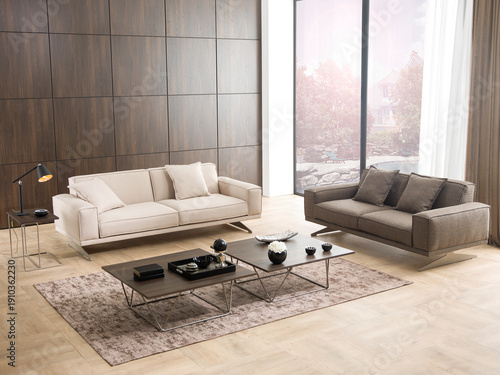 modern interior with stone wall decoration and special design lamp, sofa and parquet. decorative background for home, hotel, office