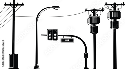 Urban utility poles with transformers, street light and traffic signal, electricity distribution infrastructure monochrome vector illustration set
