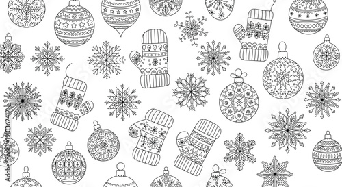 Christmas Ornaments And Snowflakes Coloring Page, Winter Mittens And Stockings Vector Illustration, Holiday Line Art For Kids And Adults Relaxation