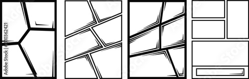 Comic Book Page Layout Template with Empty Frames, Manga Storyboard Grid, and Abstract Border Panels Minimalist Black Vector Illustration