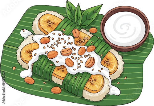 Delicious Thai Grilled Bananas with Coconut Milk and Peanuts.