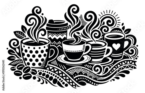 Hand drawn decorative coffee mugs set featuring various steaming cups, a travel mug, and coffee beans for cafe and hot beverage themes