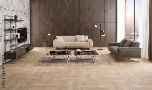 modern interior with stone wall decoration and special design lamp, sofa and parquet. decorative background for home, hotel, office