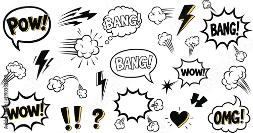 Comic speech bubbles with expressions like pow, bang, wow, and omg isolated on white background vector illustration of cartoon explosion elements and sound effects