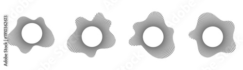 Sound wave circular pattern with radial audio lines on white background. Music soundwave icon in black with concentric ripple effect and pulse energy burst for graphic design and vector illustration.
