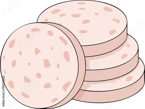 Sliced Bologna Sausage Stacked and Ready to Eat.