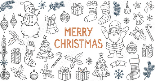 A festive collection of handdrawn christmas elements, including santa claus, a snowman, christmas trees, ornaments, gifts, and stockings isolated on white background