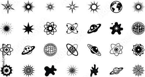 Cosmos Element Collection with Star Sparkle, Atom Molecule, Planet Orbit, and Galaxy Sparkle Minimalist Black Solid Icon Vector Illustration