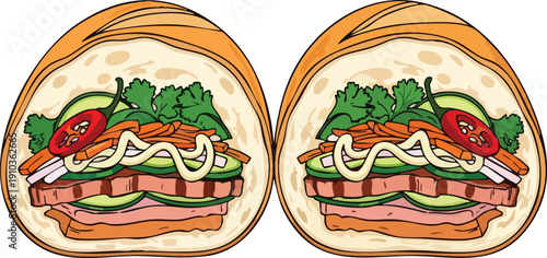 Two Delicious Vietnamese Banh Mi Sandwiches with Fresh Ingredients.