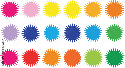 A vibrant collection of starburst shapes, each boasting a unique and eyecatching color, isolated on white background these colorful starbursts create a visually appealing design