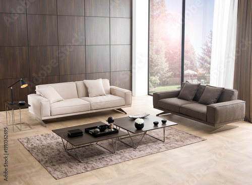 modern interior with stone wall decoration and special design lamp, sofa and parquet. decorative background for home, hotel, office