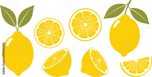 Fresh yellow lemon collection, citrus fruit icons with whole lemons, slices, half cuts, leaves, organic food design, summer vegan illustration